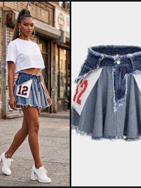 Micas Y2K Streetwear Reconstructed Denim Patchwork Frayed Pleated Mini Skirt S